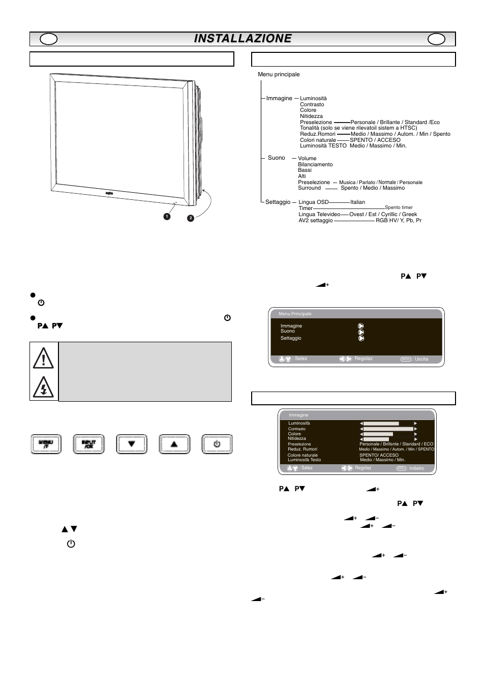 Inst, Inst allazione allazione, Comandi / terminali menu imagine | Funzionamento del menu, Tasto input/ok, Pulsanti e d, Pulsante 4 | Sanyo CE42LM5R User Manual | Page 48 / 68