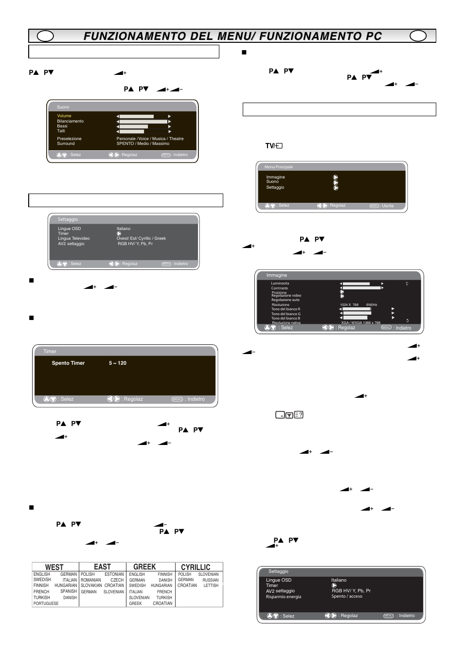 Funzionament, Menu settaggio, Impostazioni menu pc | Menu suono, Ts e w, Ts a e | Sanyo CE42LM5R User Manual | Page 49 / 68