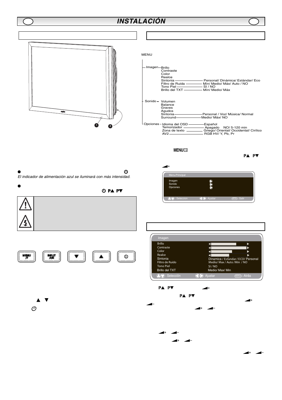 Inst, Inst alación alación, Controles y menús | Menú de imagen, Funcionamiento del men ъ ъ, Botón menú/f, Botón input/ok, Botones e d, Botón 4 | Sanyo CE42LM5R User Manual | Page 58 / 68