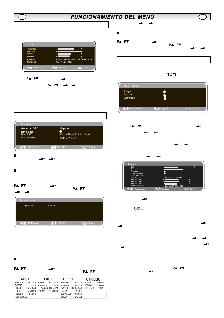 Funcionamient, Funcionamient o del o del menú menú, Menú de configuracion | Ajustes del menú del pc, Menú de sonido, Ts e w, Ts a e | Sanyo CE42LM5R User Manual | Page 59 / 68