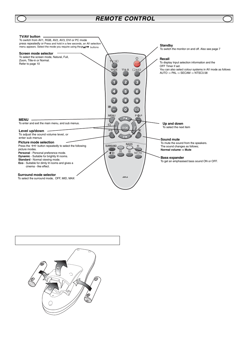 Remote control, Remote control battery installation | Sanyo CE42LM5R User Manual | Page 6 / 68