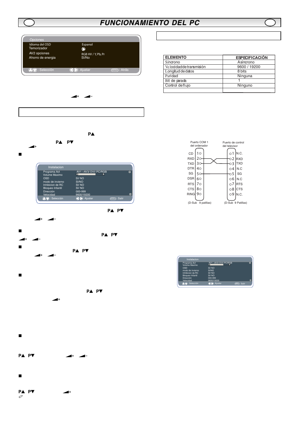 Funcionamient, Funcionamient o del o del pc pc, Menú de instalación | Ajustes del rs232c | Sanyo CE42LM5R User Manual | Page 60 / 68