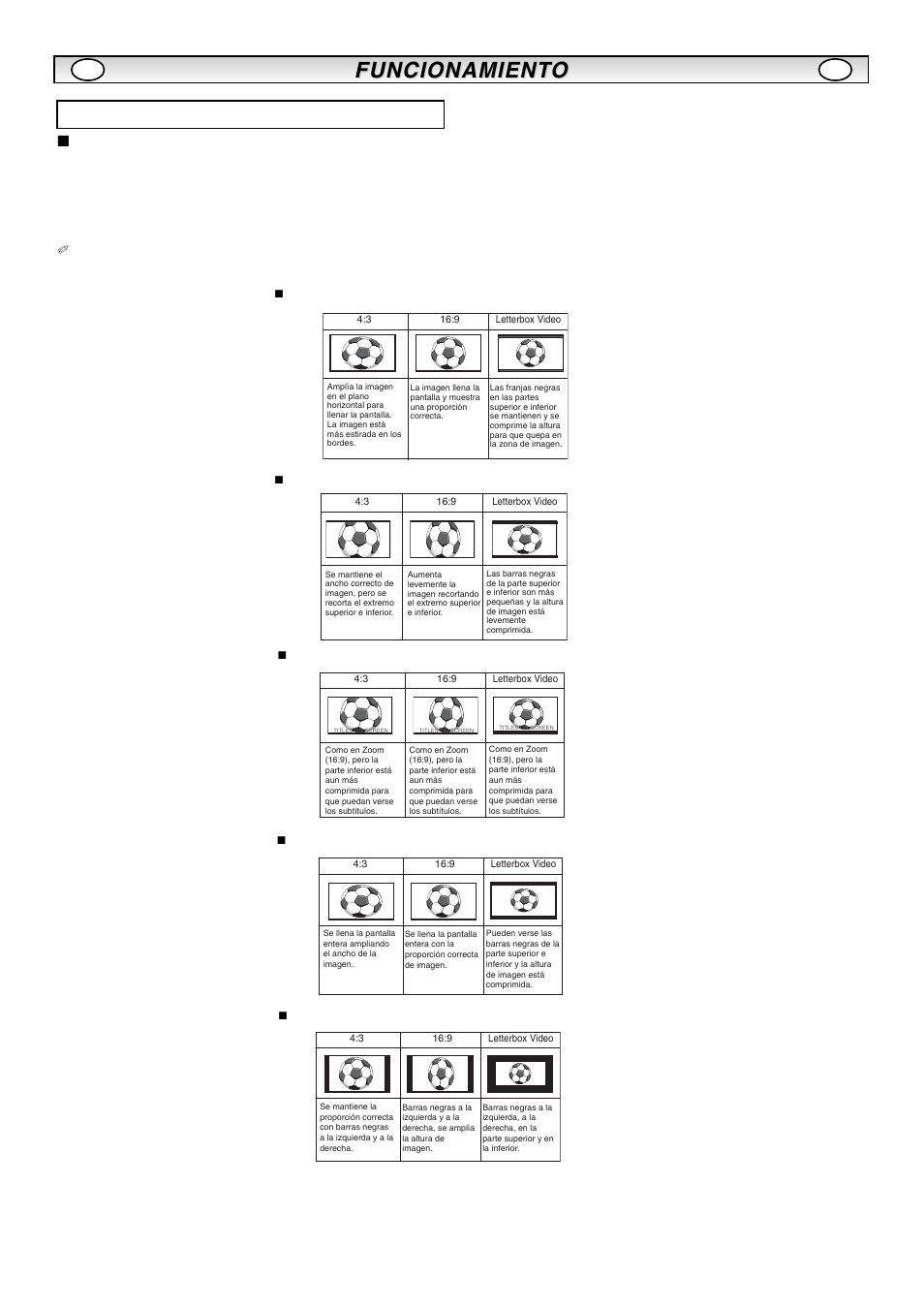 Funcionamient, Funcionamient o o, Selección del tamaño de imagen | Opciones de pantalla | Sanyo CE42LM5R User Manual | Page 61 / 68