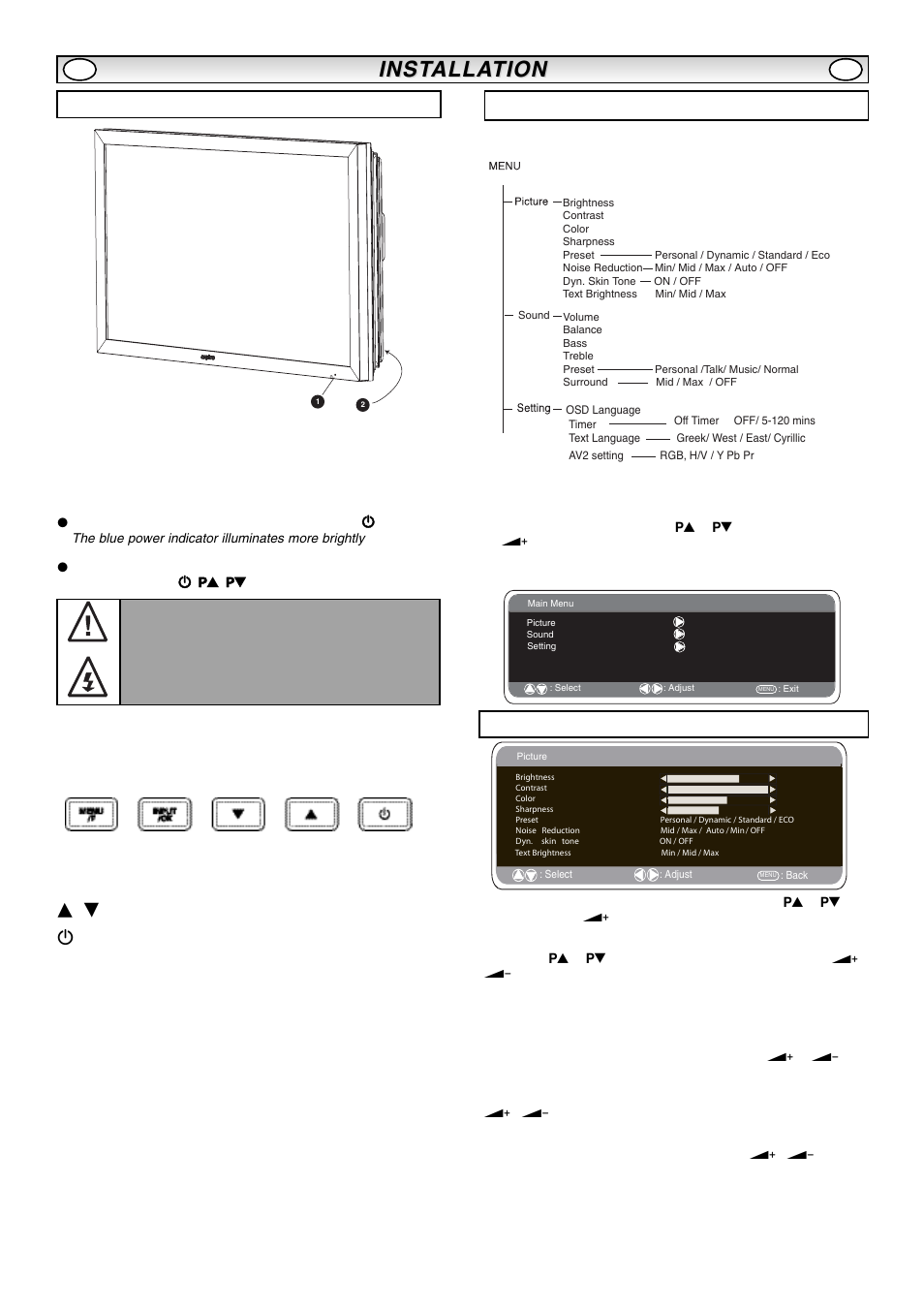 Inst, Inst alla alla tion tion, Controls and menus | Picture menu, Menu operation, Menu/f button, Input/ ok button: s, Buttons, 4button | Sanyo CE42LM5R User Manual | Page 7 / 68