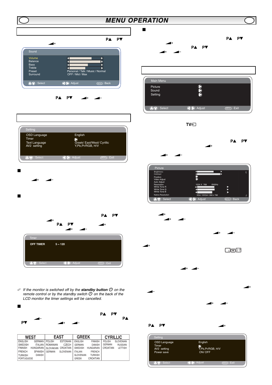 Menu opera, Menu opera tion tion, Setting menu | Pc menu settings, Sound menu, Osd language, Off-timer setting, Text language, Av2 setting, Ts e w | Sanyo CE42LM5R User Manual | Page 8 / 68