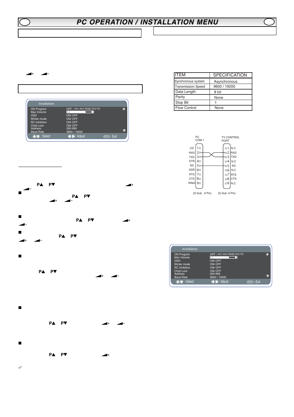 Pc opera, Installation menu rs232c settings, Pc menu settings | Sanyo CE42LM5R User Manual | Page 9 / 68