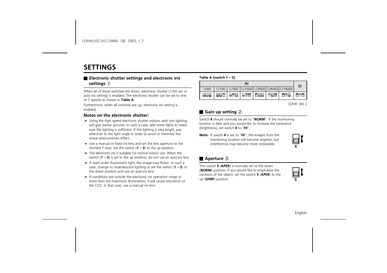 Settings | Sanyo VCC-5984 User Manual | Page 13 / 20