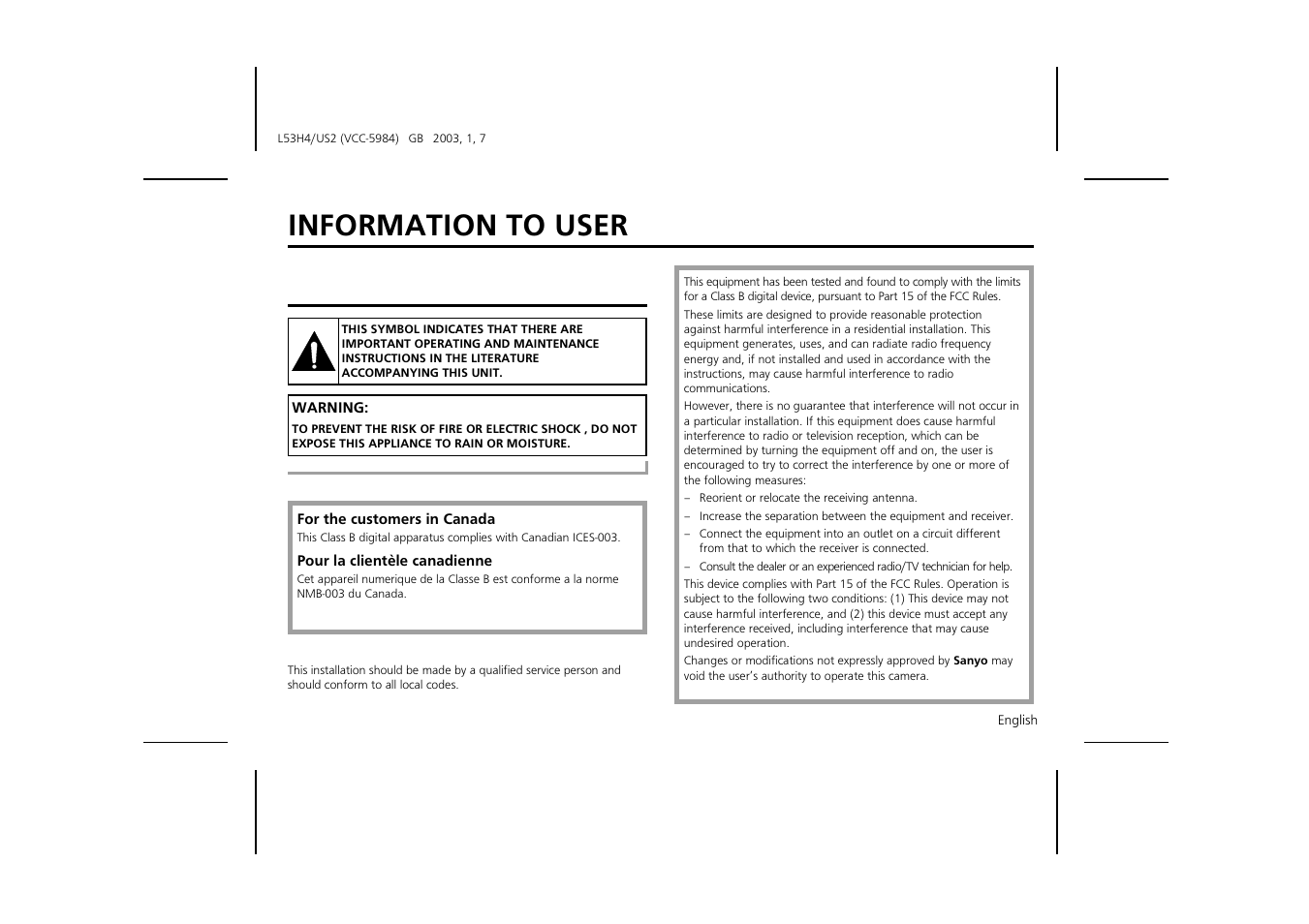 Information to user safety guard | Sanyo VCC-5984 User Manual | Page 3 / 20