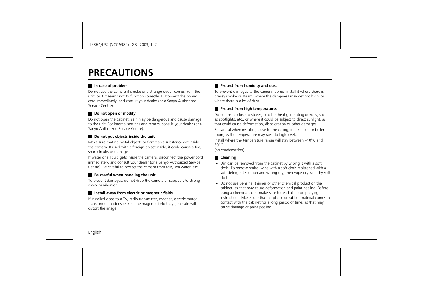 Precautions | Sanyo VCC-5984 User Manual | Page 4 / 20