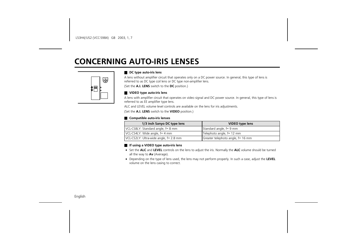 Concerning auto-iris lenses | Sanyo VCC-5984 User Manual | Page 8 / 20