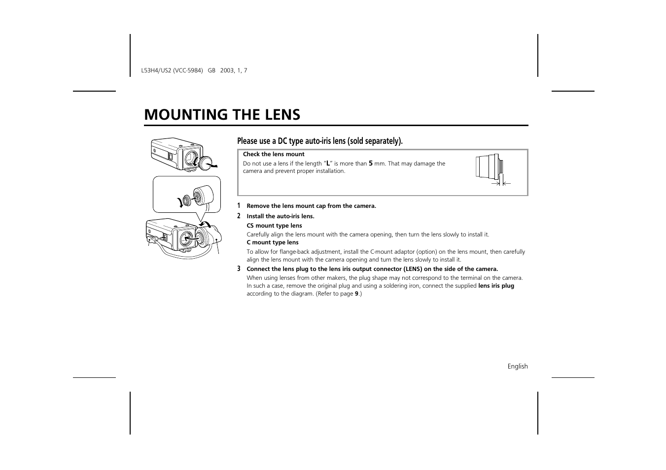 Mounting the lens | Sanyo VCC-5984 User Manual | Page 9 / 20