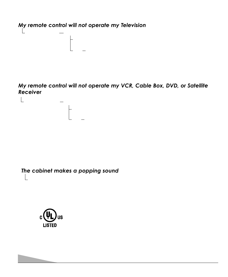 Troubleshooting (continued), The cabinet makes a popping sound, My remote control will not operate my television | Sanyo DS31520 User Manual | Page 20 / 68