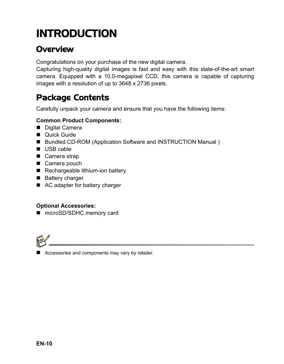 10 introduction, 10 overview 10 package contents, Introduction | Overview, Package contents | Sanyo VPC TP1000 User Manual | Page 11 / 48