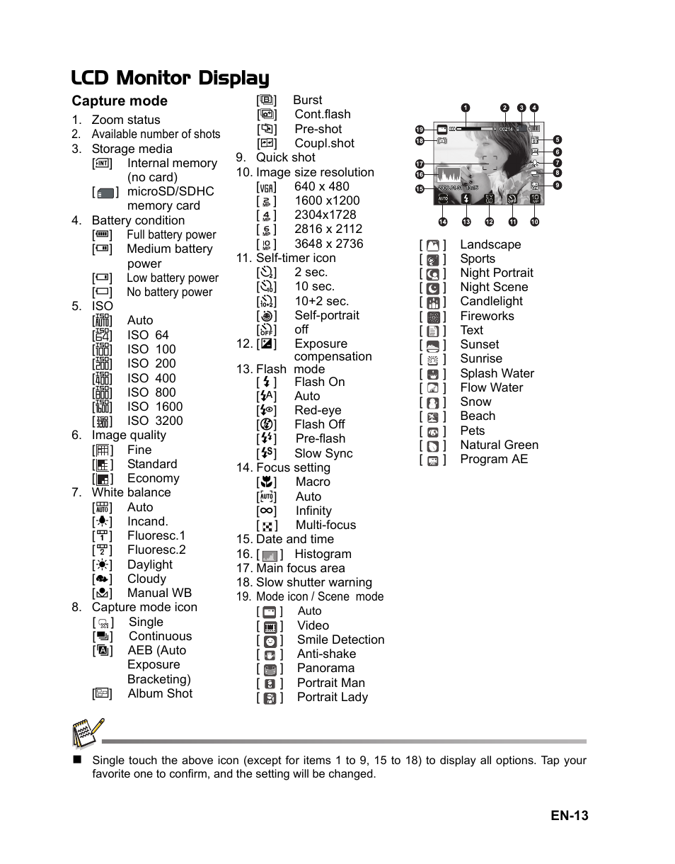 13 lcd monitor display, Lcd monitor display | Sanyo VPC TP1000 User Manual | Page 14 / 48