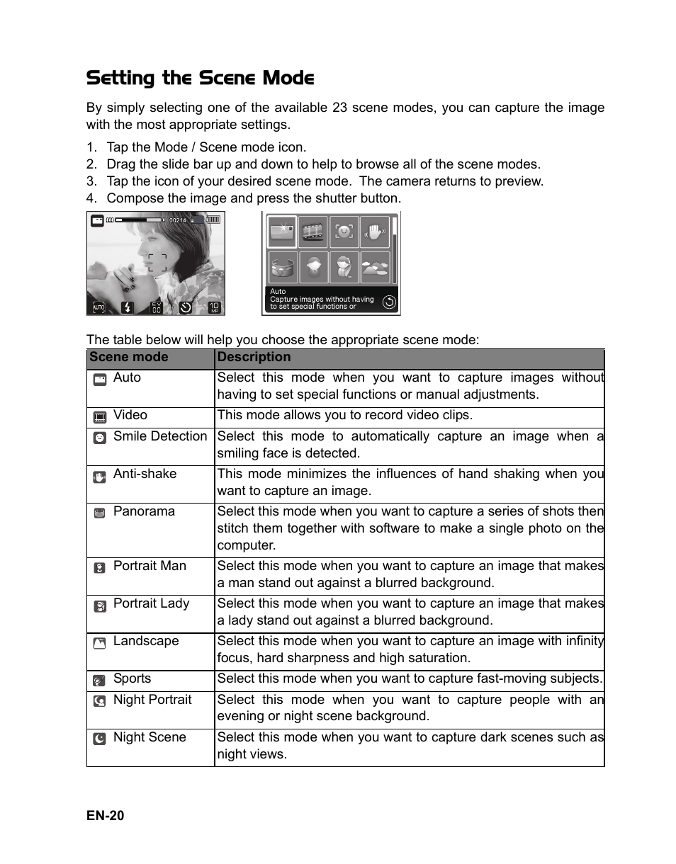 20 setting the scene mode, Setting the scene mode | Sanyo VPC TP1000 User Manual | Page 21 / 48