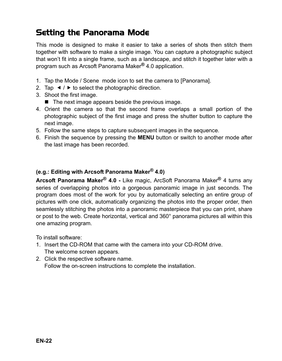 21 multi-focus, Setting the panorama mode | Sanyo VPC TP1000 User Manual | Page 23 / 48
