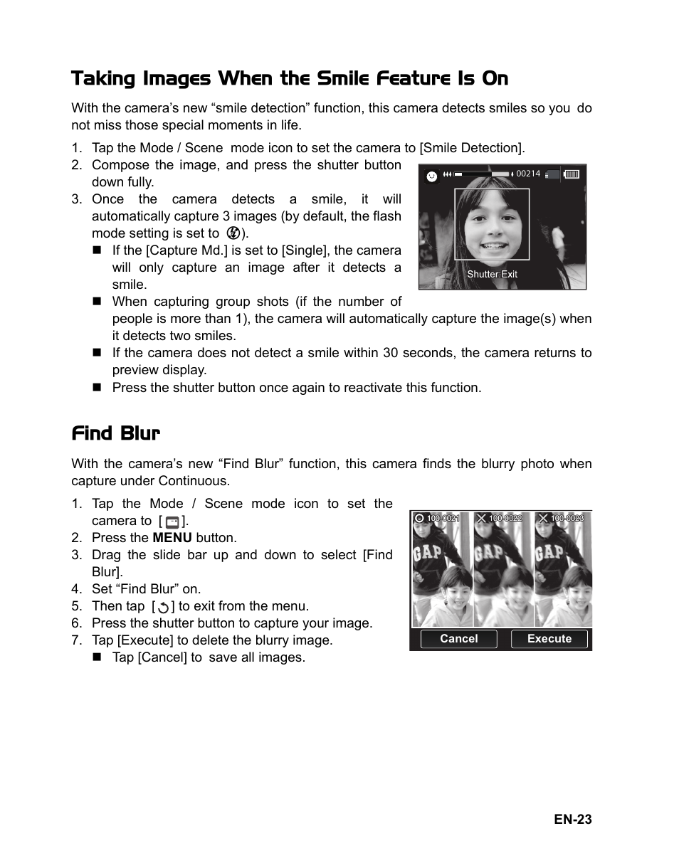 Feature is on, Taking images when the smile feature is on, Find blur | Sanyo VPC TP1000 User Manual | Page 24 / 48