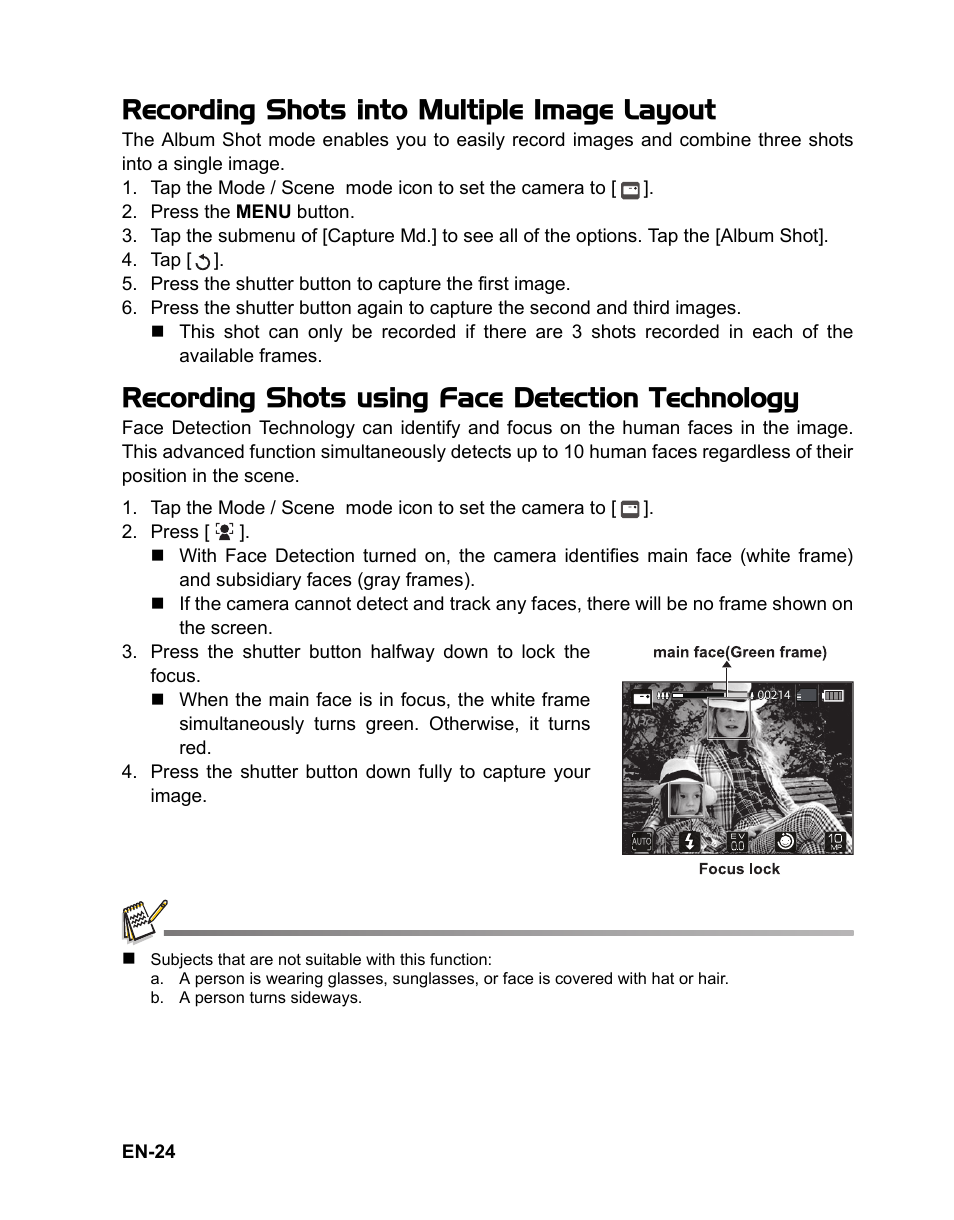 Layout, 24 recording shots using face, Recording shots into multiple image layout | Recording shots using face detection technology | Sanyo VPC TP1000 User Manual | Page 25 / 48