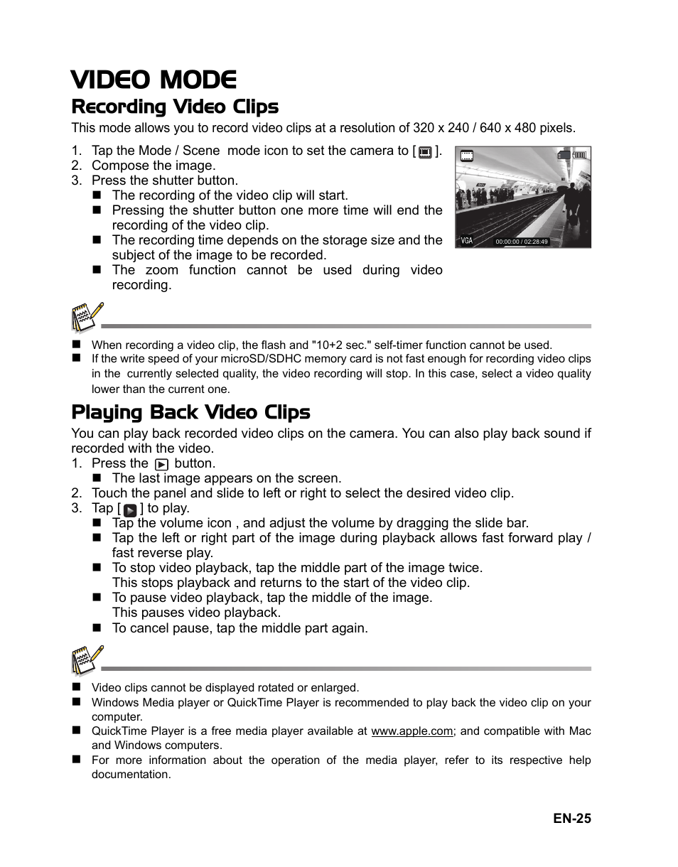 Detection technology, 25 video mode, 25 recording video clips | Video mode, Recording video clips, Playing back video clips | Sanyo VPC TP1000 User Manual | Page 26 / 48