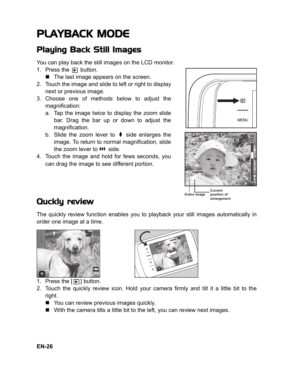 25 playing back video clips, 26 playback mode, Playback mode | Playing back still images, Quckly review | Sanyo VPC TP1000 User Manual | Page 27 / 48