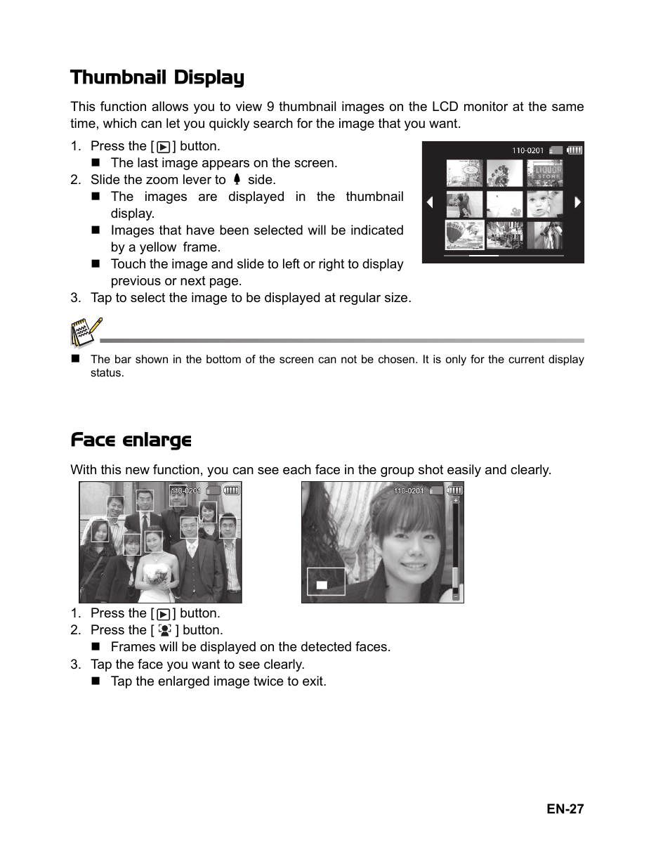 26 playing back still images 26 quckly review, Thumbnail display, Face enlarge | Sanyo VPC TP1000 User Manual | Page 28 / 48