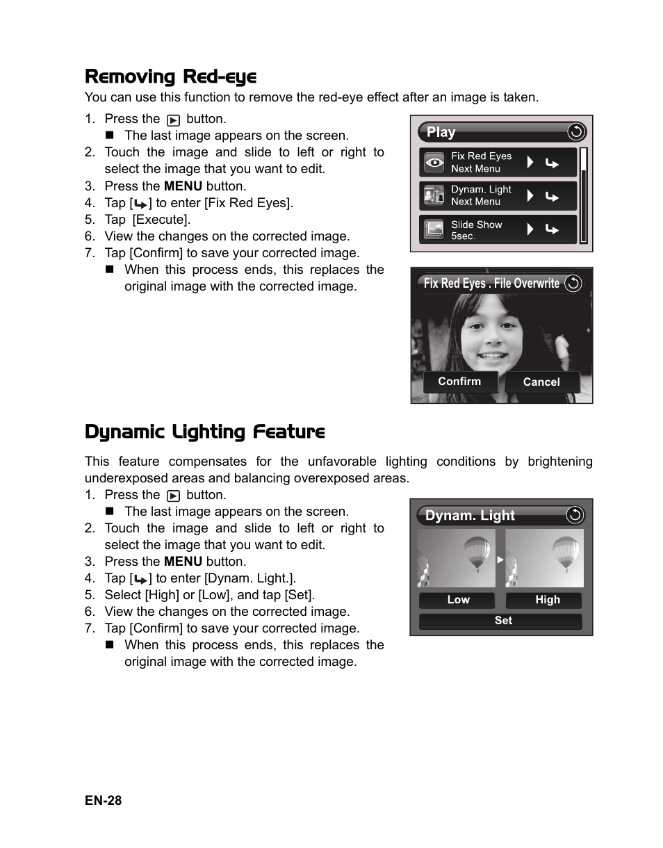 27 thumbnail display, Removing red-eye, Dynamic lighting feature | Sanyo VPC TP1000 User Manual | Page 29 / 48