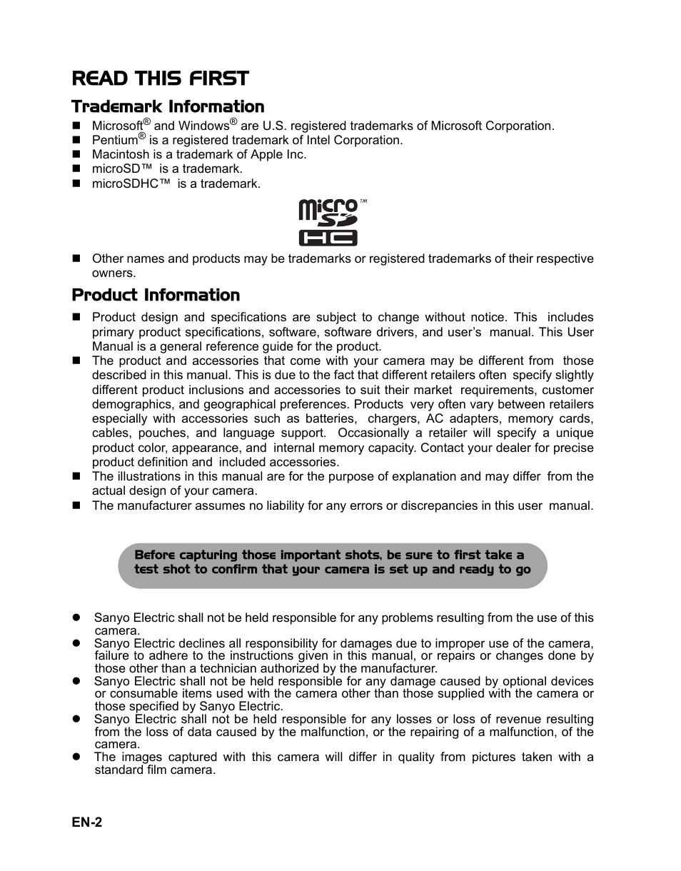 Read this first, Trademark information, Product information | Sanyo VPC TP1000 User Manual | Page 3 / 48