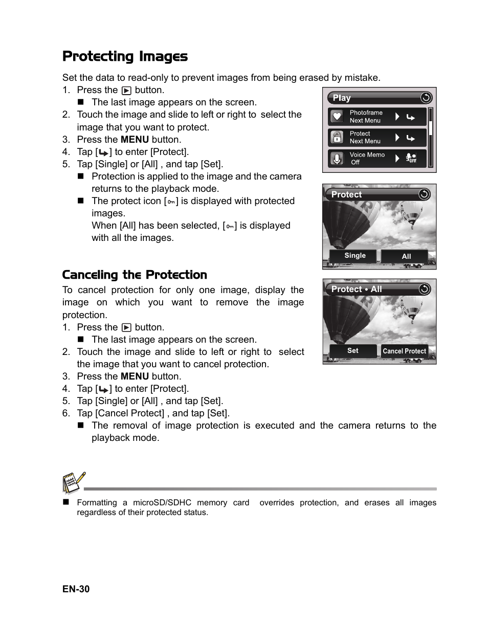 28 removing red-eye, Protecting images, Canceling the protection | Sanyo VPC TP1000 User Manual | Page 31 / 48