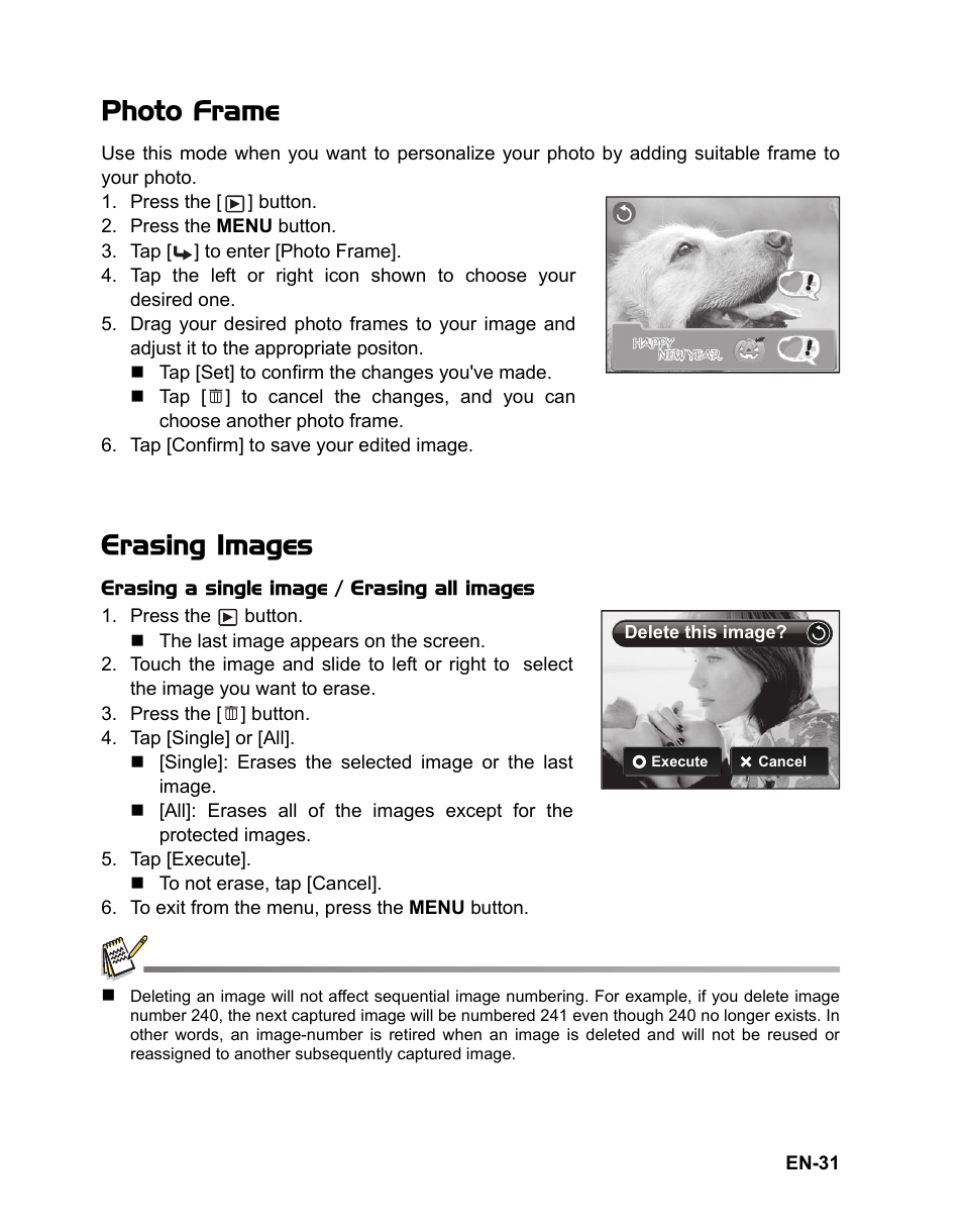 Photo frame, Erasing images | Sanyo VPC TP1000 User Manual | Page 32 / 48