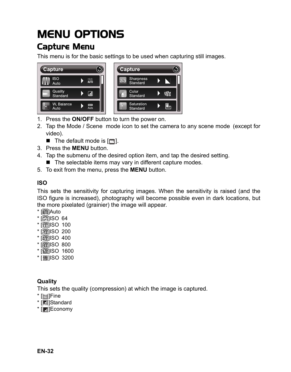 Menu options, Capture menu | Sanyo VPC TP1000 User Manual | Page 33 / 48