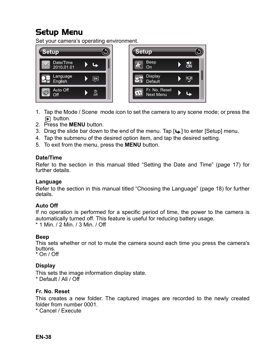 Setup menu | Sanyo VPC TP1000 User Manual | Page 39 / 48