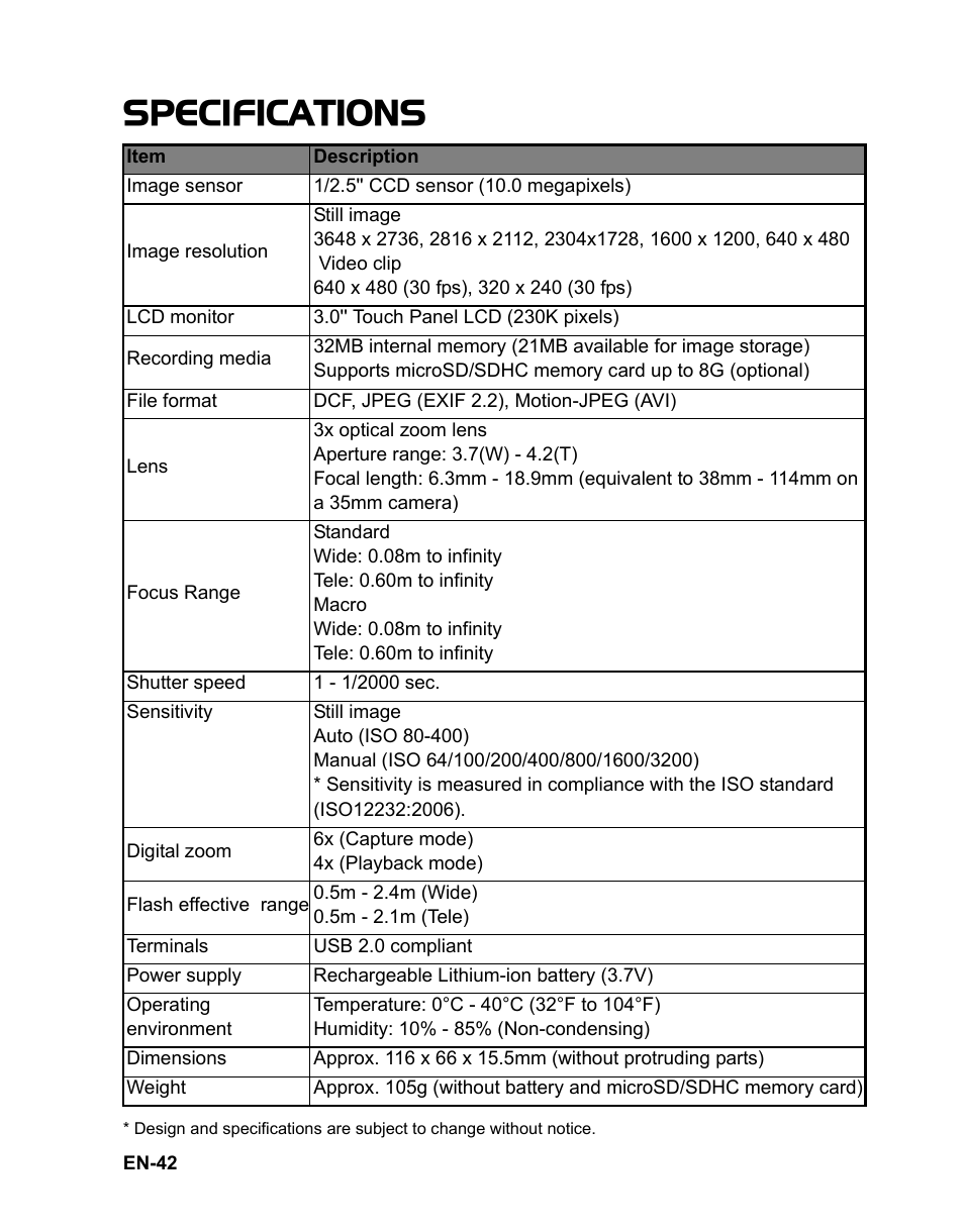 41 editing software, Specifications | Sanyo VPC TP1000 User Manual | Page 43 / 48