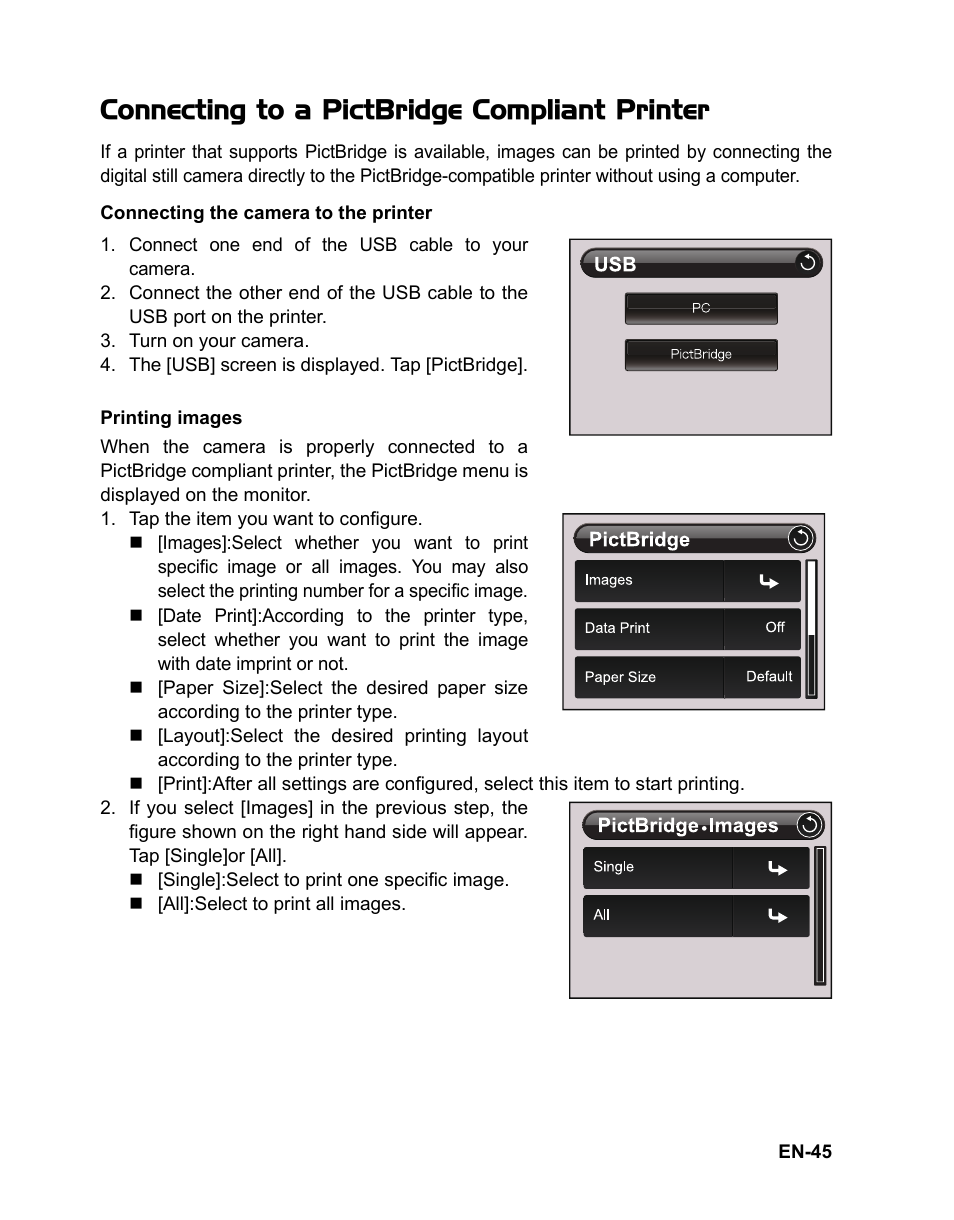 43 possible number of shots 44 troubleshooting, Connecting to a pictbridge compliant printer | Sanyo VPC TP1000 User Manual | Page 46 / 48