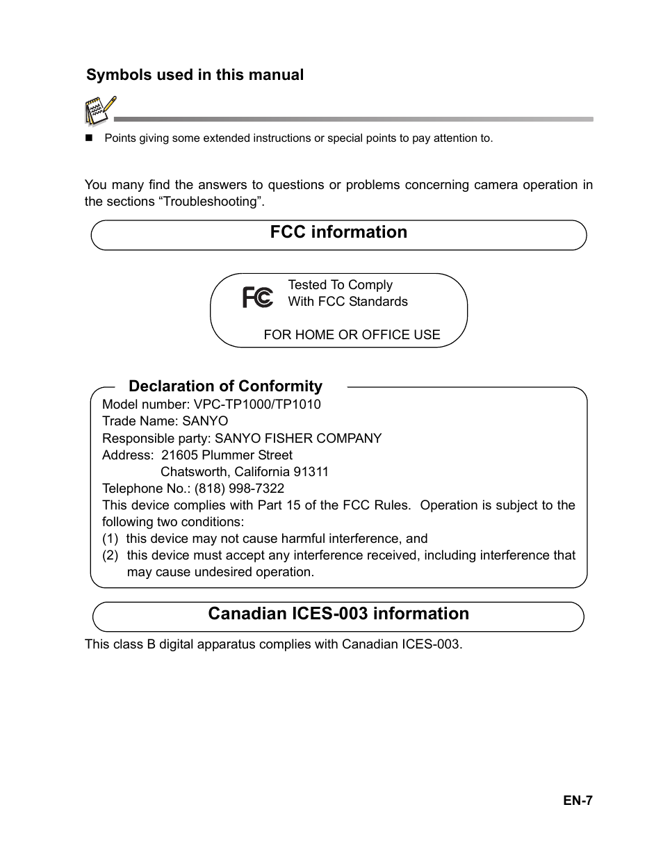 Fcc information, Canadian ices-003 information | Sanyo VPC TP1000 User Manual | Page 8 / 48