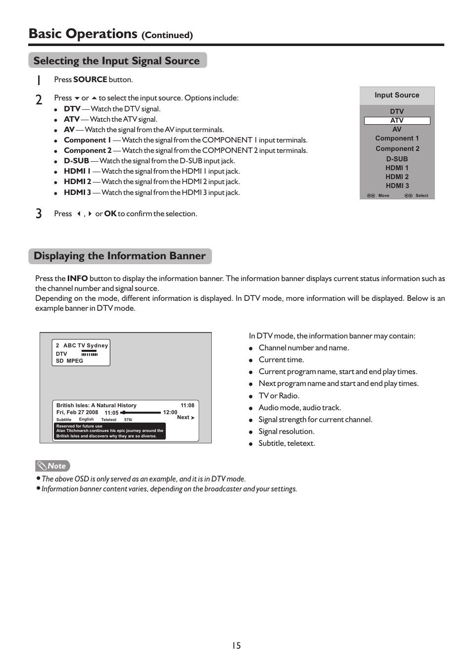 页 18, Basic operations, Displaying the information banner | Selecting the input signal source, Continued) 15 | Sanyo LCD-37XR9DA User Manual | Page 18 / 41