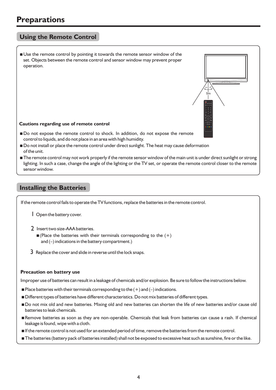 Preparations, Using the remote control installing the batteries | Sanyo LCD-37XR9DA User Manual | Page 7 / 41