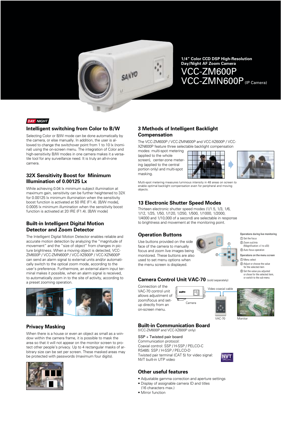 Intelligent switching from color to b/w, 13 electronic shutter speed modes, Operation buttons | Camera control unit vac-70, Other useful features, Built-in communication board, Privacy masking, 3 methods of intelligent backlight compensation | Sanyo VCC-ZM600P User Manual | Page 3 / 6