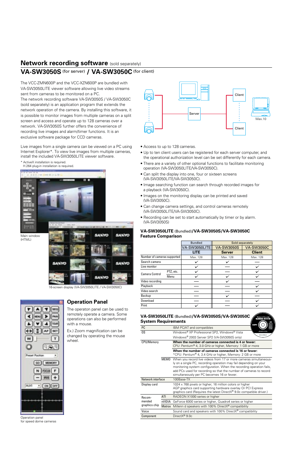 Network recording software, Va-sw3050s, Va-sw3050c | Operation panel | Sanyo VCC-ZM600P User Manual | Page 5 / 6