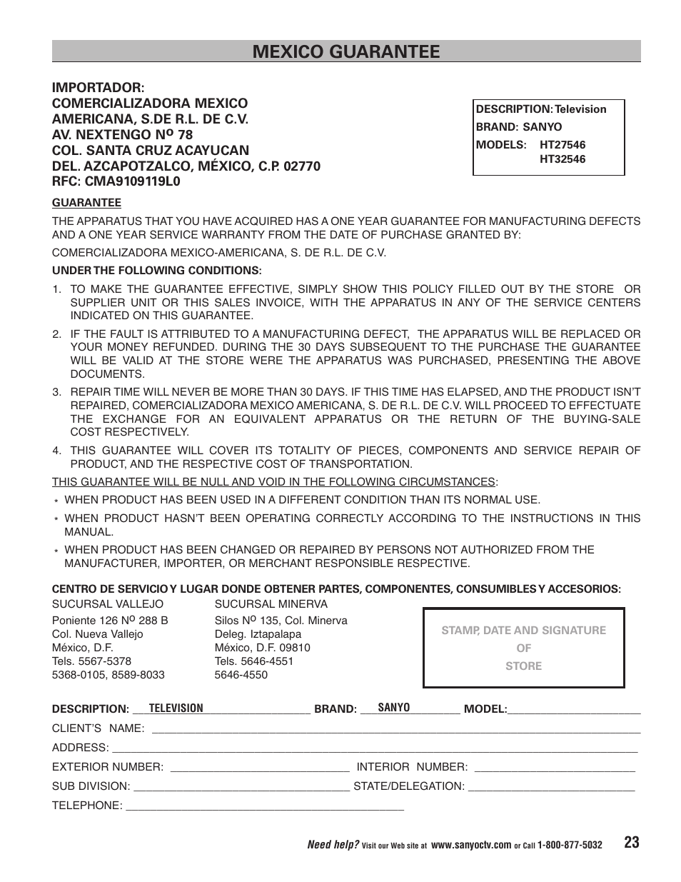 Mexico guarantee | Sanyo Vizzon HT27546 User Manual | Page 23 / 68