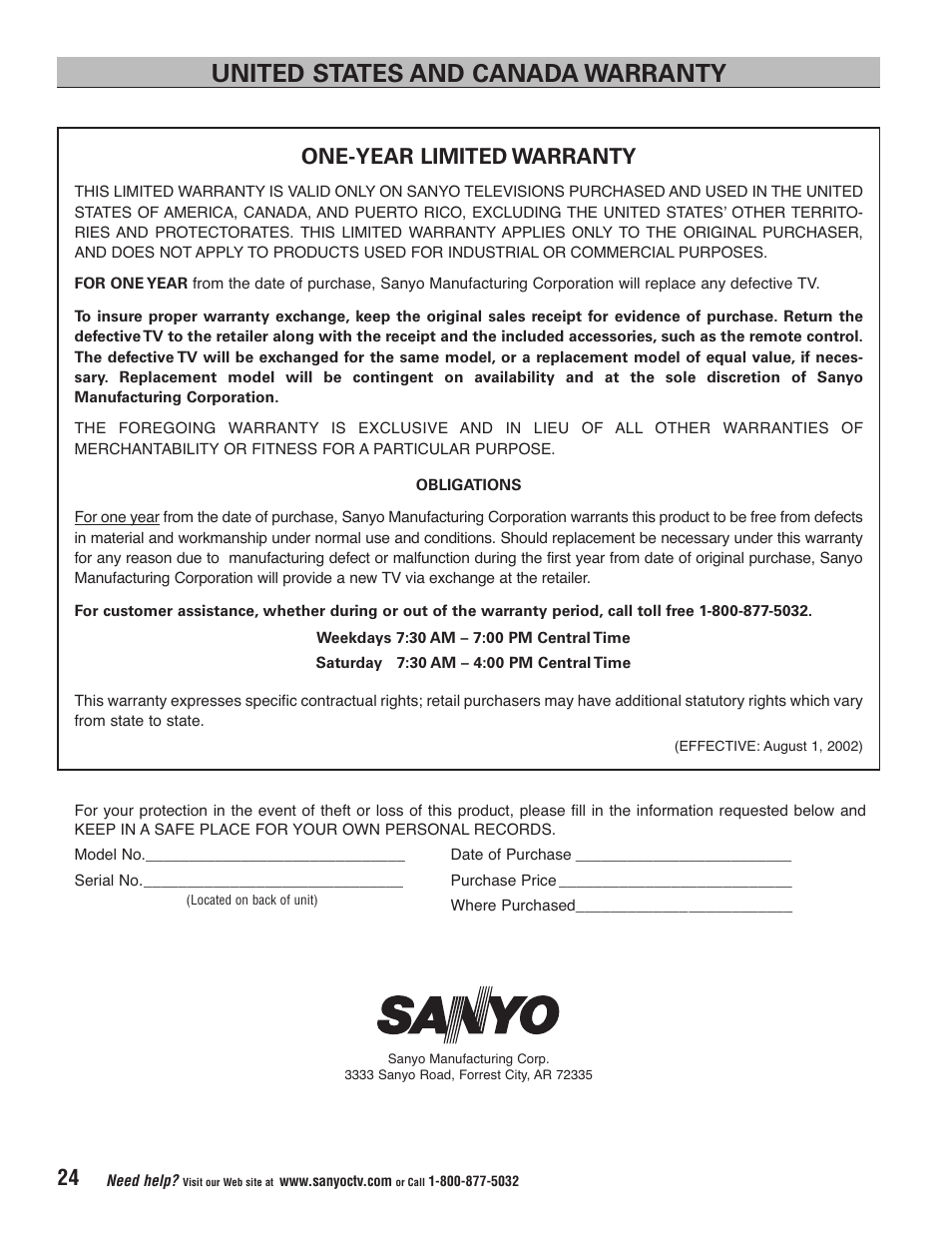 United states and canada warranty, One-year limited warranty | Sanyo Vizzon HT27546 User Manual | Page 24 / 68