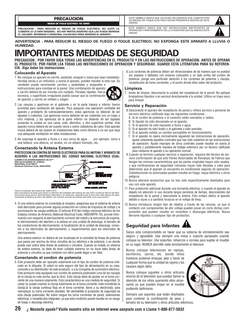 Importantes medidas de seguridad, Seguridad para infantes, Colocando el aparato | Conectando la antena externa, Conectando el cordon de potencia, Limpieza, Servicio y reparación | Sanyo Vizzon HT27546 User Manual | Page 26 / 68