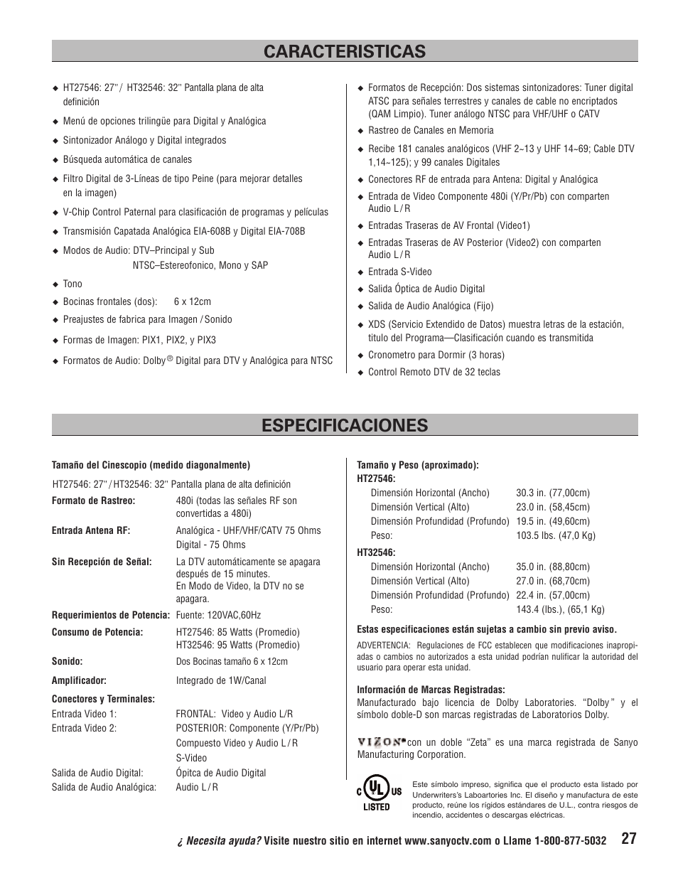 Caracteristicas especificaciones | Sanyo Vizzon HT27546 User Manual | Page 27 / 68