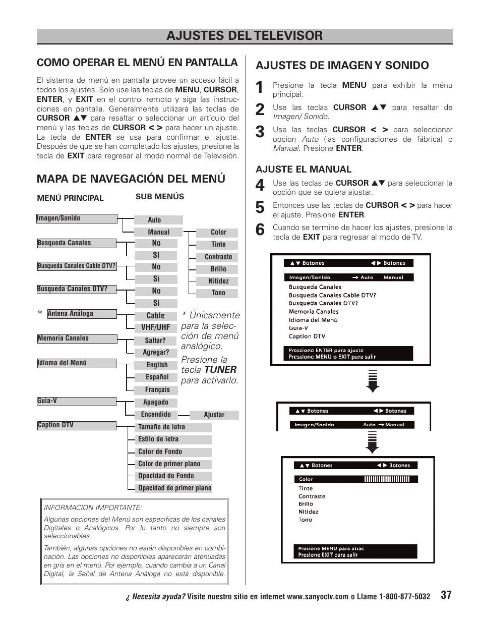 Ajustes del televisor, Ajustes de imagen y sonido | Sanyo Vizzon HT27546 User Manual | Page 37 / 68