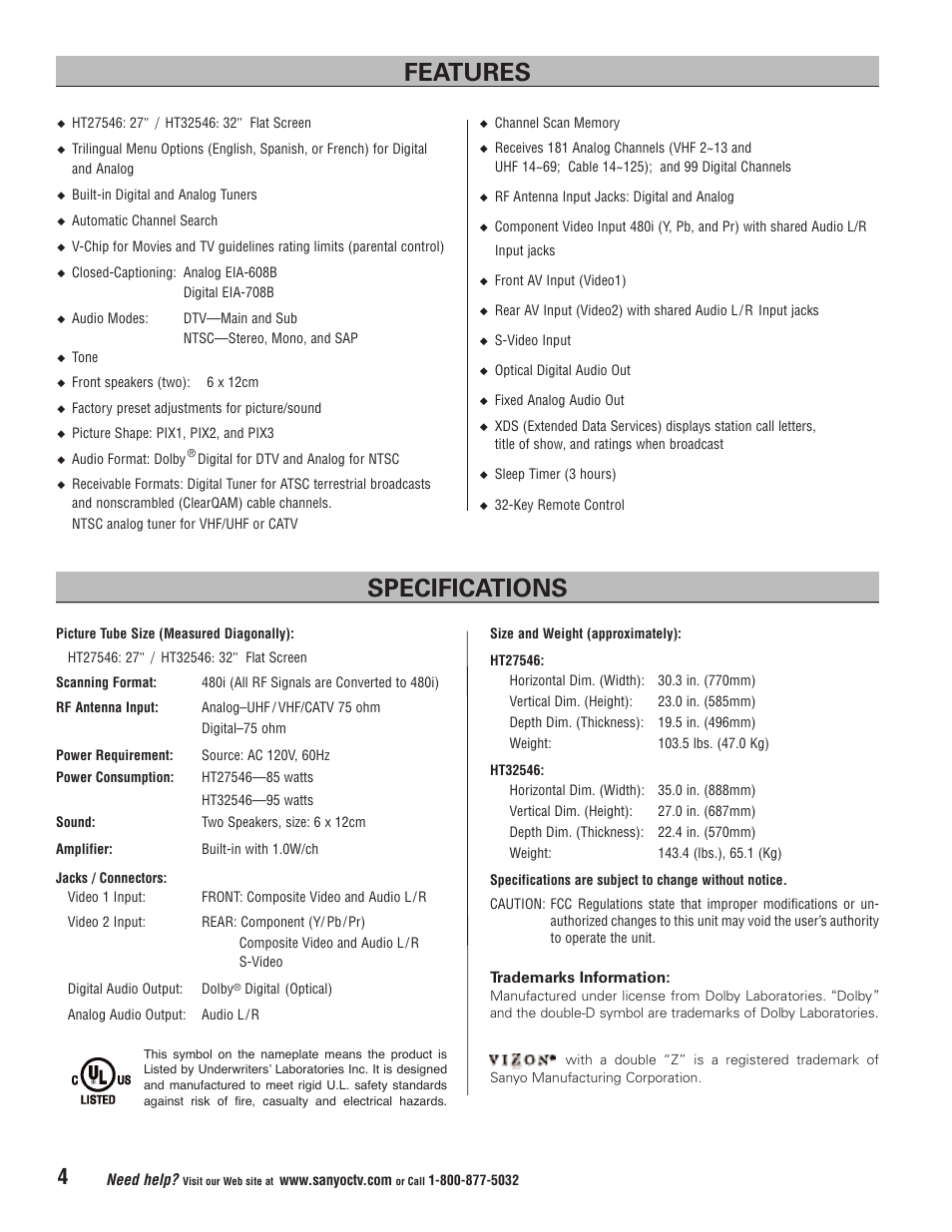 Features specifications | Sanyo Vizzon HT27546 User Manual | Page 4 / 68