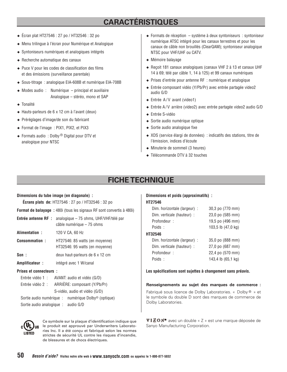 Caractéristiques fiche technique | Sanyo Vizzon HT27546 User Manual | Page 50 / 68