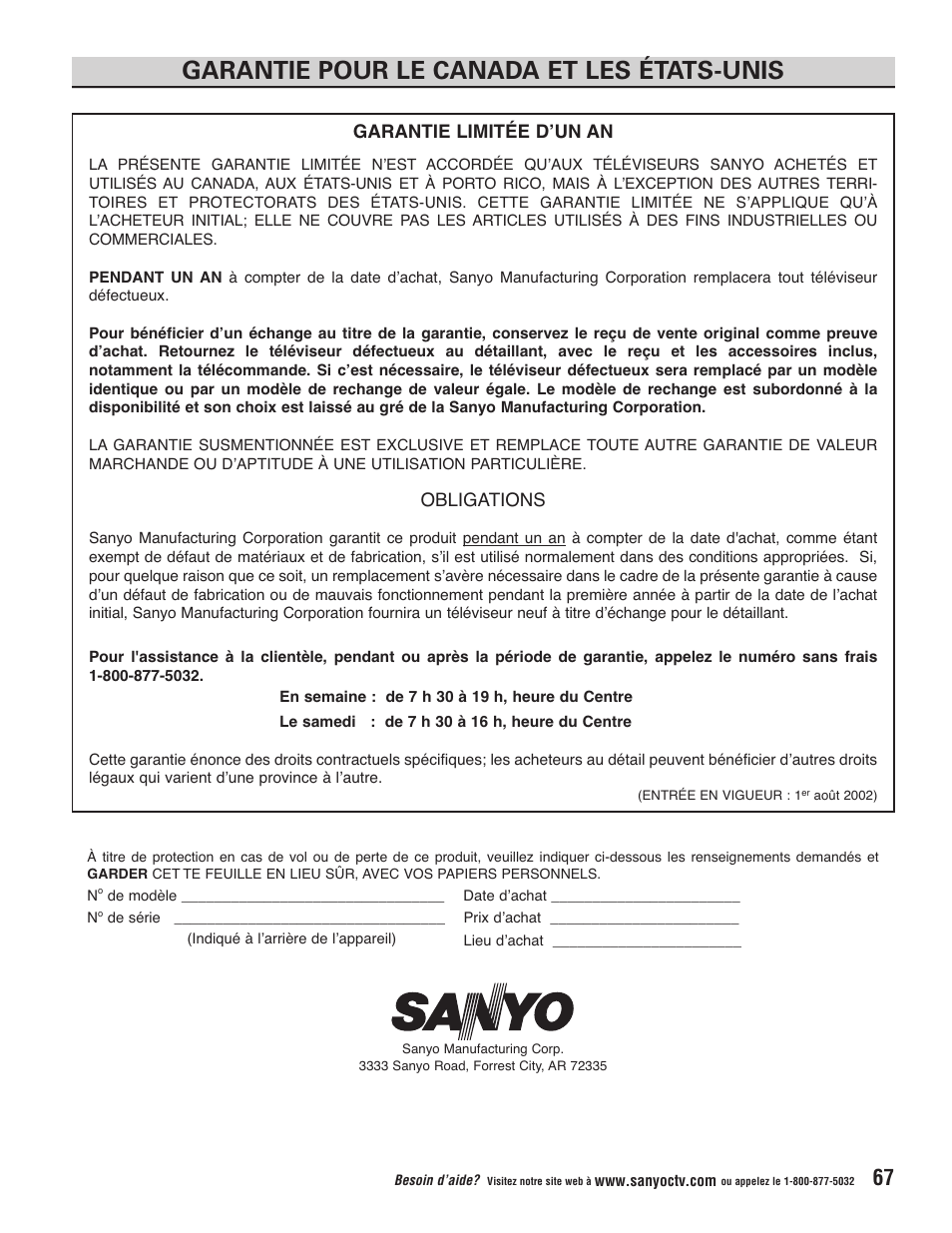 Garantie pour le canada et les états-unis, Garantie limitée d’un an, Obligations | Sanyo Vizzon HT27546 User Manual | Page 67 / 68