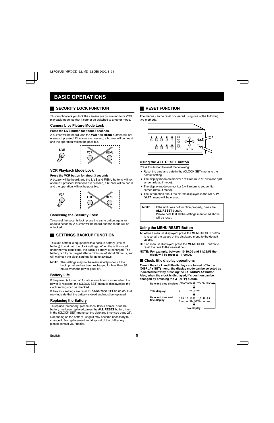 Basic operations, Security lock function, Settings backup function | Reset function | Sanyo MPX-MD162 User Manual | Page 10 / 55