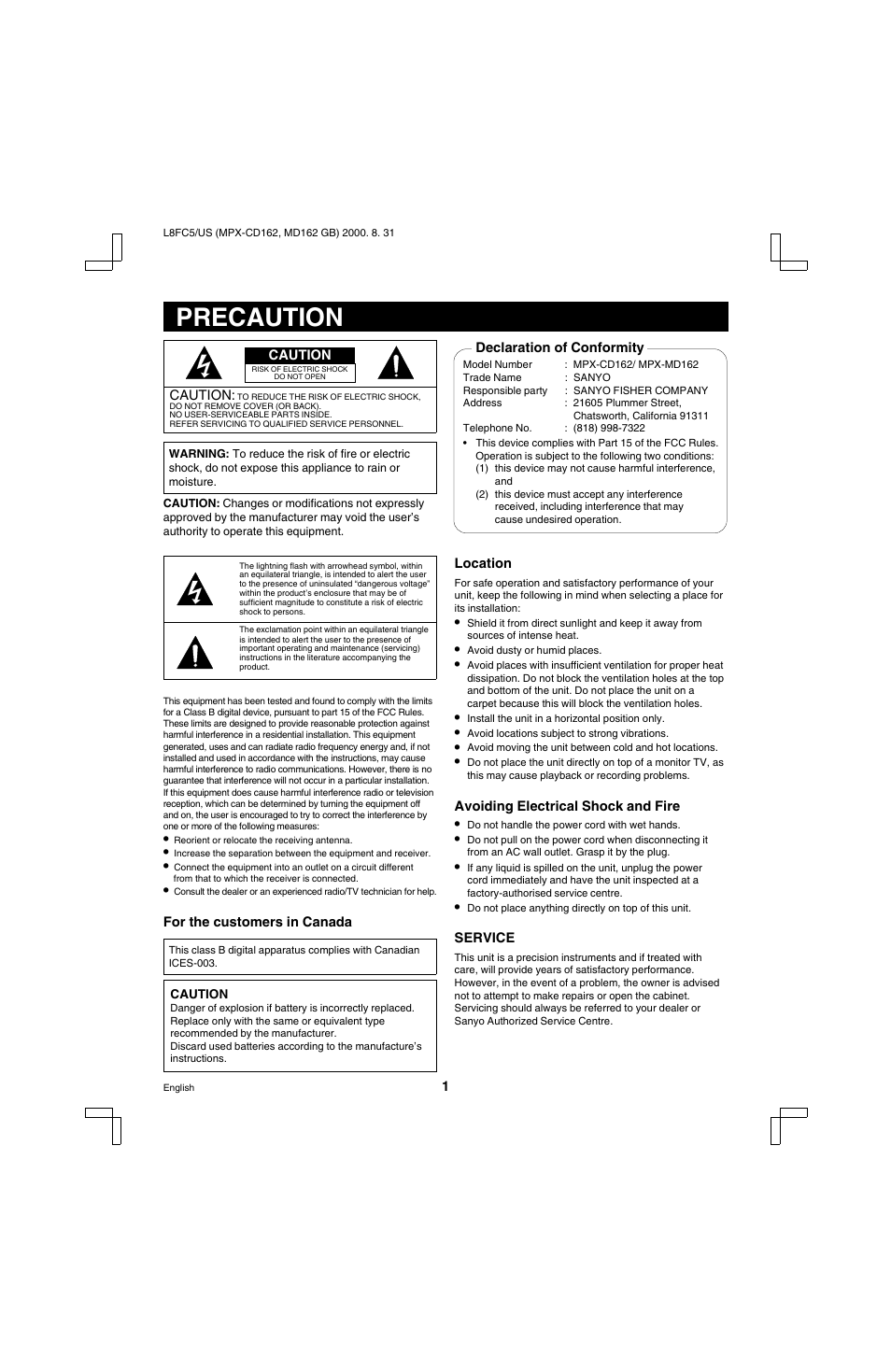 Precaution | Sanyo MPX-MD162 User Manual | Page 2 / 55
