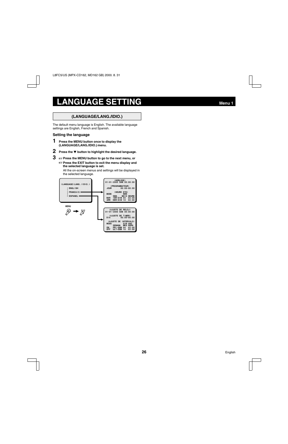 Language setting | Sanyo MPX-MD162 User Manual | Page 27 / 55