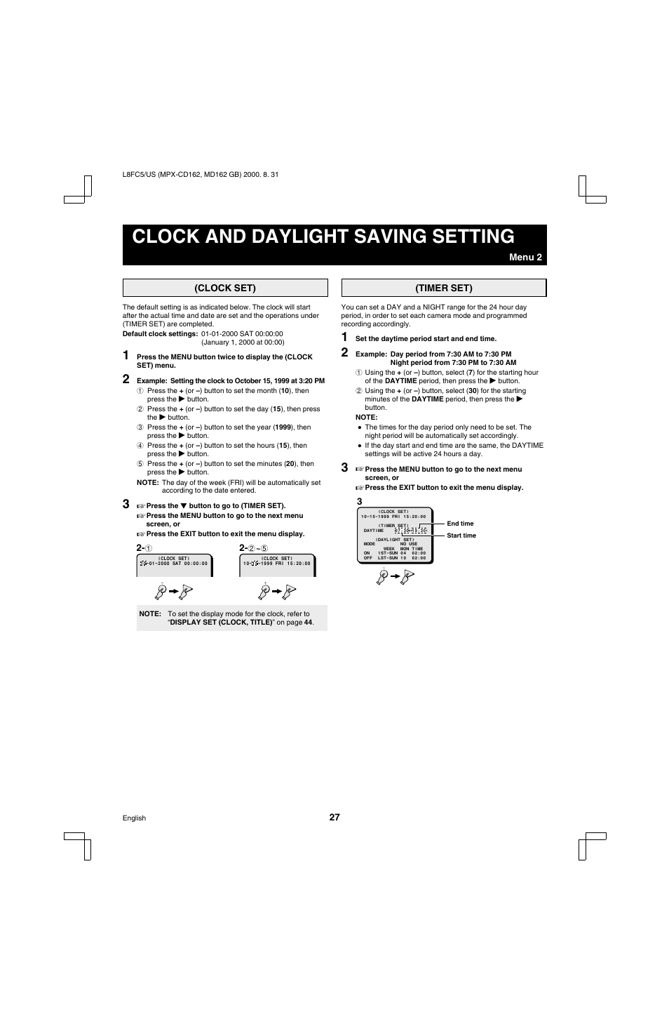 Clock and daylight saving setting | Sanyo MPX-MD162 User Manual | Page 28 / 55